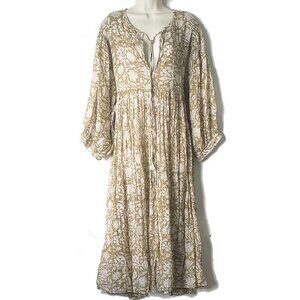 Daughters Of India Cotton Midi Peasant Dress XXXL Olive Tan White